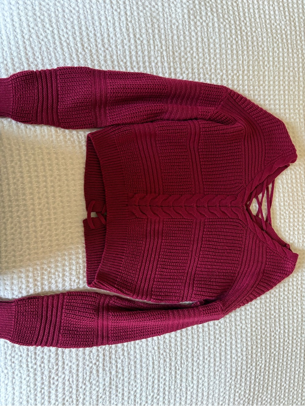 Derek Heart Cranberry Knit V-Neck Lace-Up Sweater